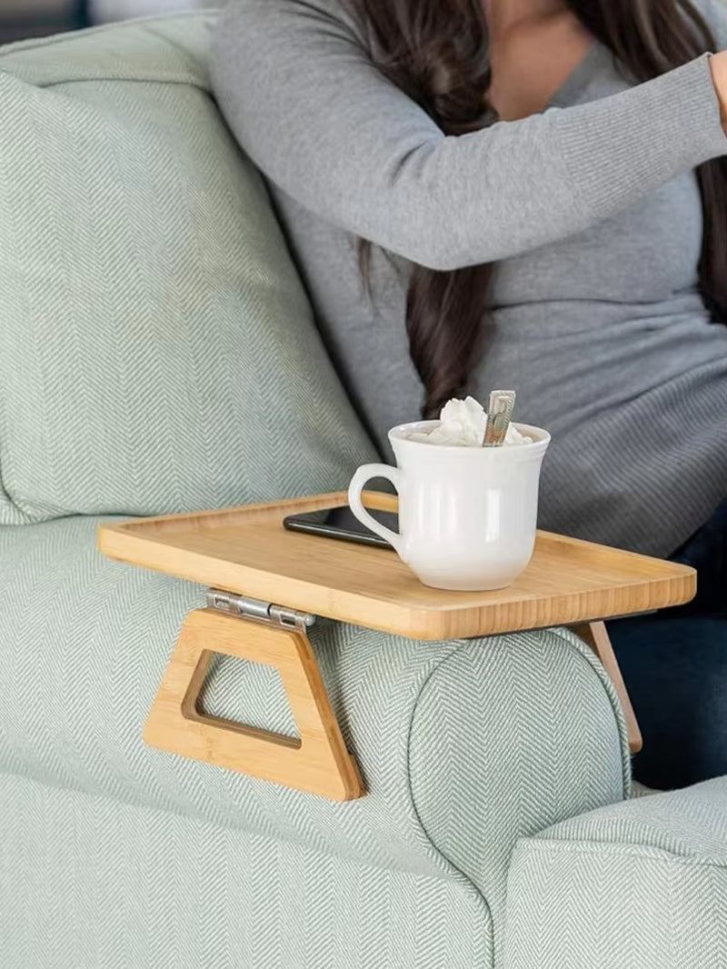 Plateau de canapé en bois naturel à clipser - Parfait pour les collations, les boissons et la télécommande