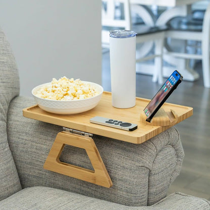 Plateau de canapé en bois naturel à clipser - Parfait pour les collations, les boissons et la télécommande